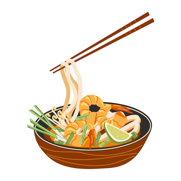 人気のパッタイ麺 asianfood 手描きイラスト分離された白い背景の上