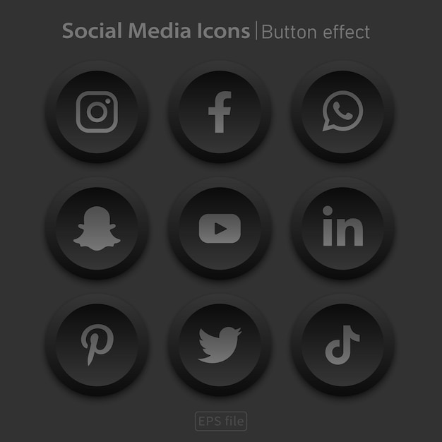 Vector popular social media dark 3d icons button effect set