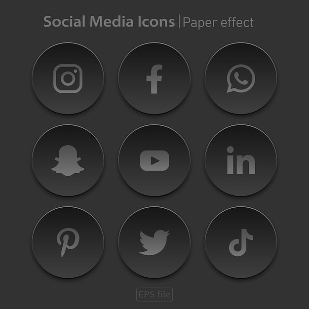 Vettore set di effetti di carta per icone 3d scure di social media popolari