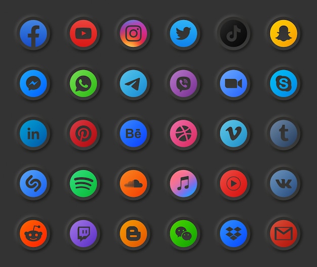 Vettore popolare social media dark mode modern round 3d icons set. video, foto, musica, audio, podcast, streaming video online, hosting di file, business digitale, design, portfolio, account, logo app di chat