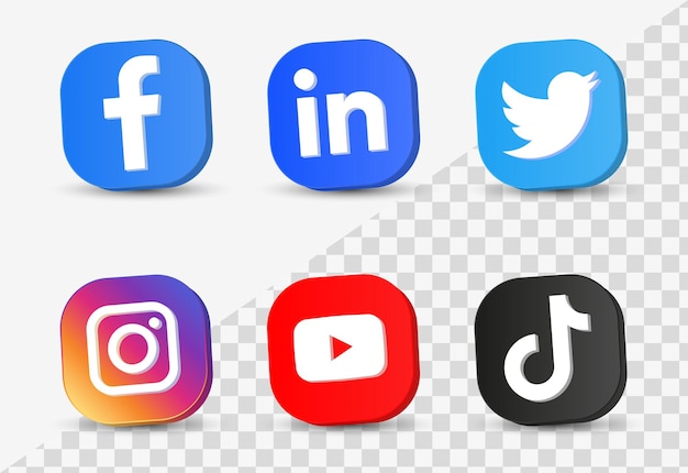 Popular social media icons in 3d buttons or network platforms logos