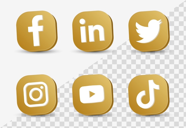 Popular social media icons logos in 3d golden frame or networking platforms buttons