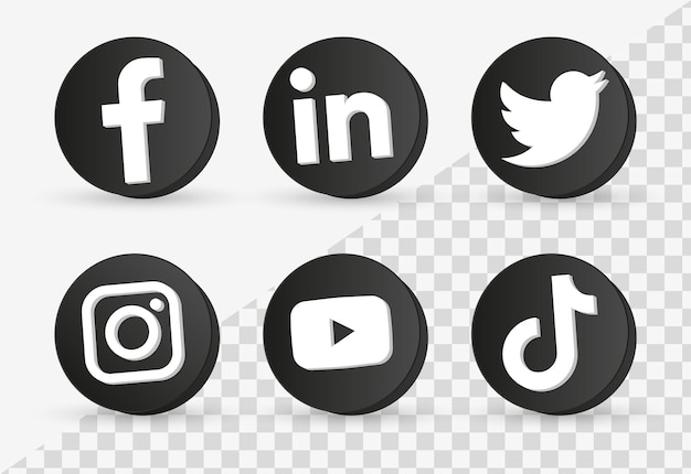 3d 블랙 프레임 또는 네트워킹 플랫폼 버튼의 인기 있는 소셜 미디어 아이콘 로고