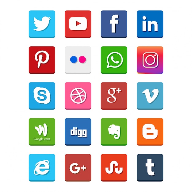 Popular social media icons such as: Facebook, Twitter, Blogger, Linkedin, Tumblr, Myspace and others, printed on white paper