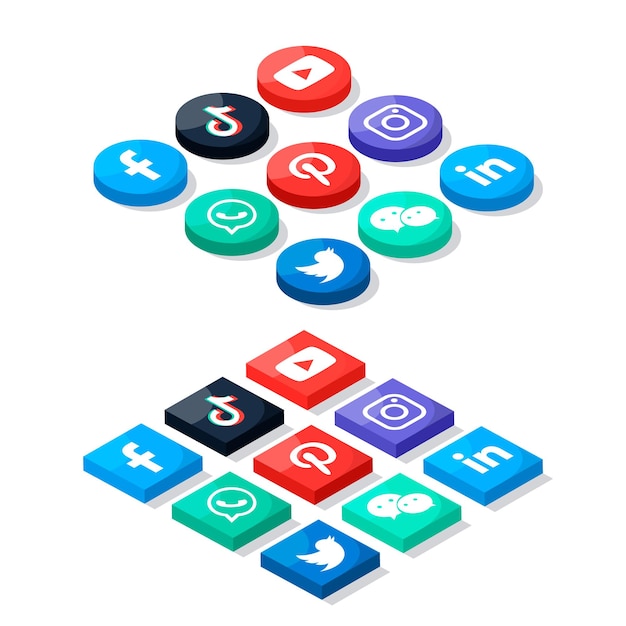 Vector popular social media isometric buttons collection