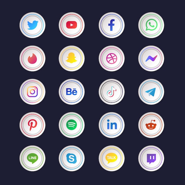 Popular social media logos and icons set with circle shape