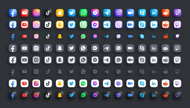 Популярные социальные медиа сети 3d цвет и черный белый набор современных иконок.