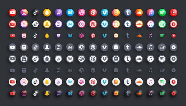 Vector popular social media network 3d color and black white rounded modern icons set.