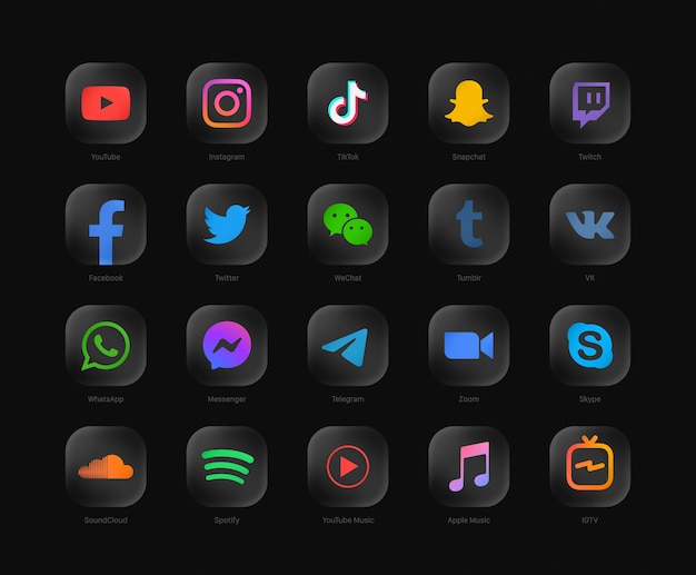 Vector popular social media network modern rounded black web icons set