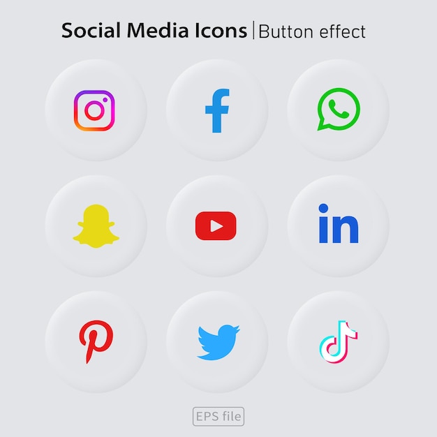 Popular social media white 3d icons button effect set