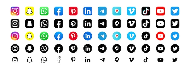 Popular social network logo. Social network sign. Flat social media icons. Realistic set. UI UX white user interface. Logo