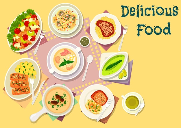 Vector popular soups with meat and fish dishes icon