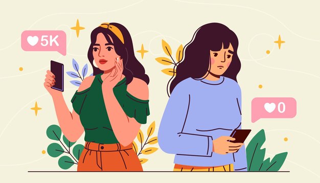 Popular vs unpopular women different young girls with smartphones look at reactions in social