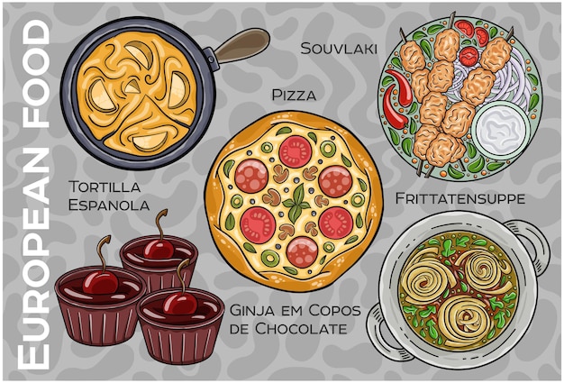 Set alimentare popolare dell'europa centrale occidentale vettore disegnato a mano