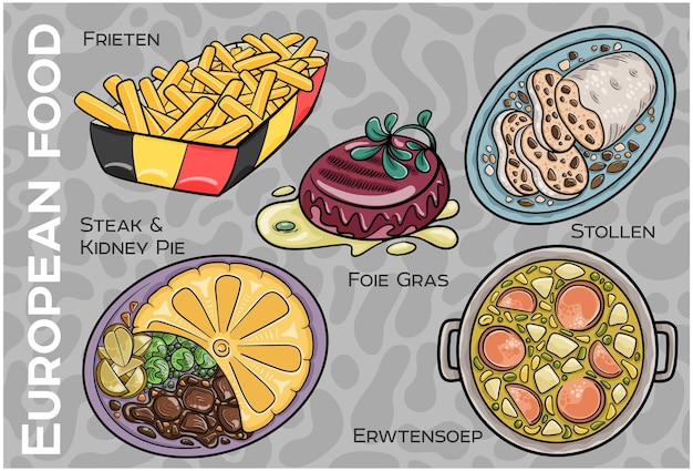 Set alimentare popolare dell'europa centrale occidentale vettore disegnato a mano