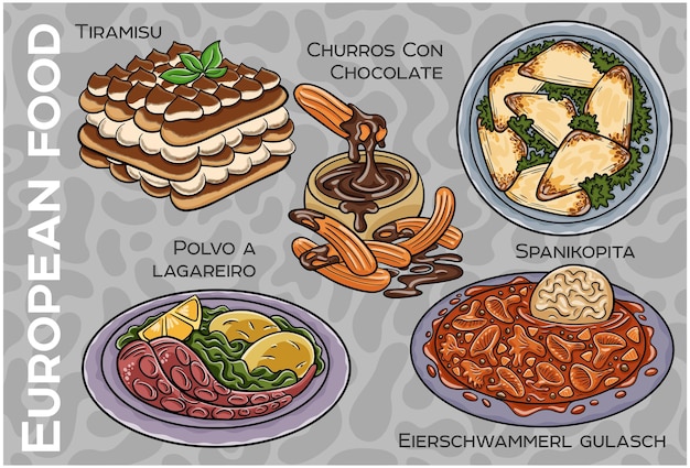 Popular Western Central European Food Set Handdrawn Vector