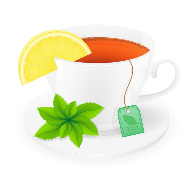 Porcelain cup of tea with lemon and mint vector illustration