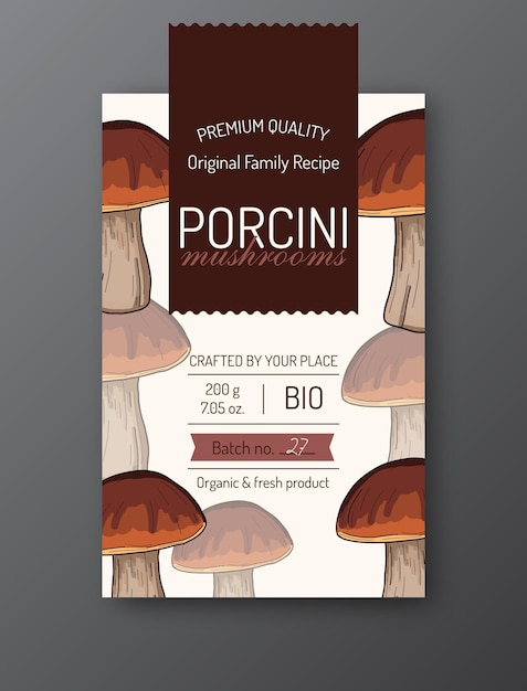 Porcini mushroom label template modern vector packaging design layout isolated