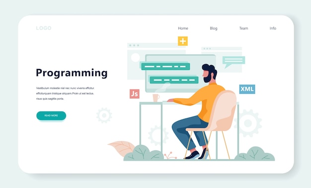 Porgrammer 坐在辦公桌上,在筆記型電腦上工作網頁開發者工作場所軟件編程卡通風格的插圖