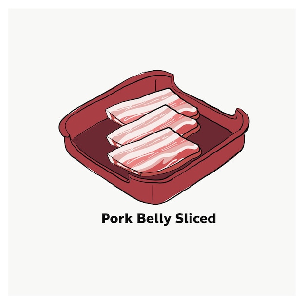 Свиная грудинка, нарезанная на красной тарелке для японского гриля, корейский гриль, тайская сковорода, барбекю, гриль, вектор рисования
