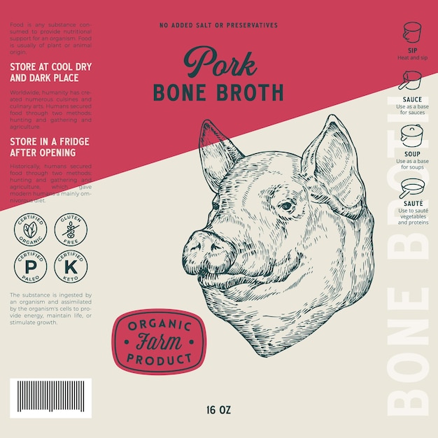 Pork Bone Broth Label Template Abstract Vector Food Packaging Design Layout Hand Drawn Pig Head Sketch Background with Typography Composition and Instruction Icons Isolated