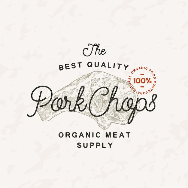 Pork Chops Vintage Vector Label Logo Template Engraving Style Meat Illustration with Typography Hand Drawn Retro Drawing Emblem Isolated