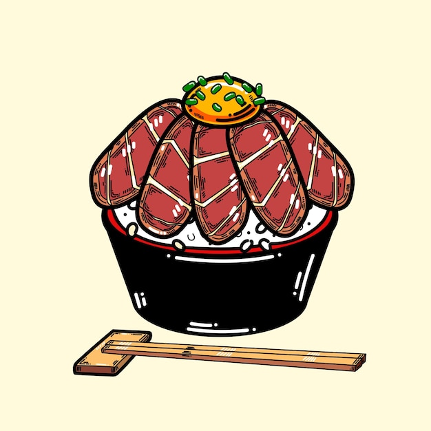 Vettore ciotola di riso donburi di maiale in stile cartone animato