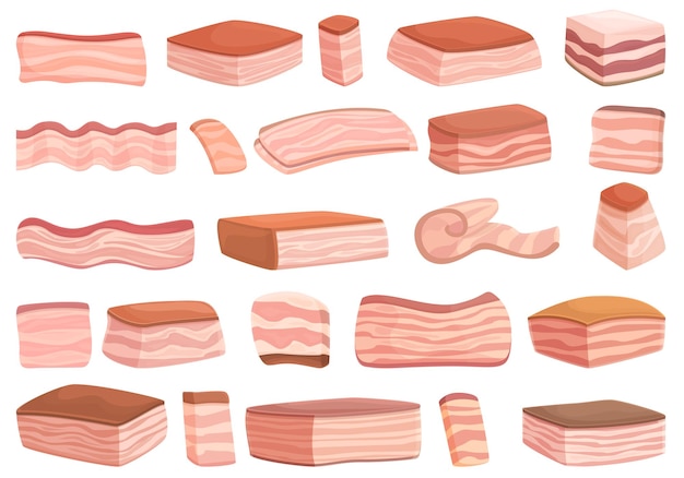 Pork lard icons set cartoon vector Bacon meat