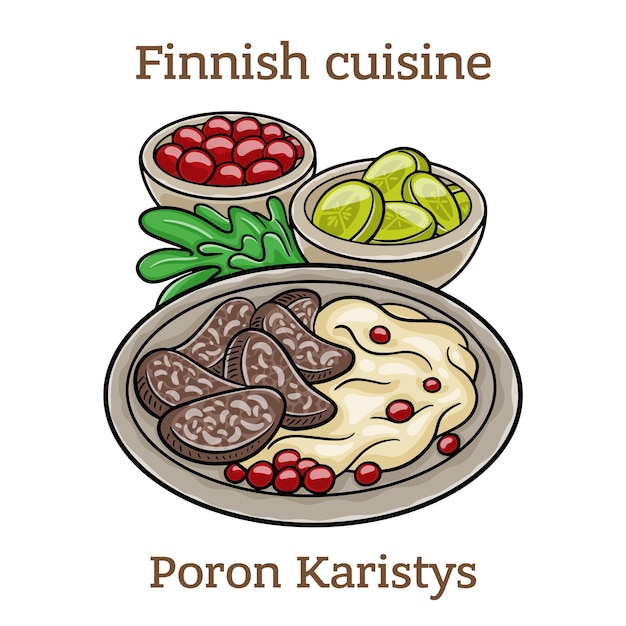 Poronkaristys Steak or back of the reindeer is thinly sliced fried in fat spiced cooked in water cream or beer Finnish food Vector image isolated