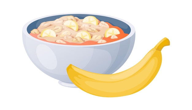 Porridge with bananas Cartoon oat bowls Plate with oatmeal or muesli and yellow fruit Morning food diet product Cooking and serving meal Breakfast healthy menu vector illustration