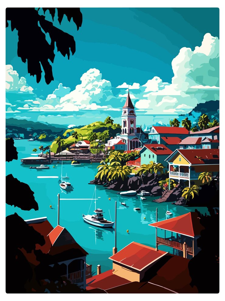 Vector port antonio caribbean vintage travel poster souvenir postcard portrait painting wpa illustration