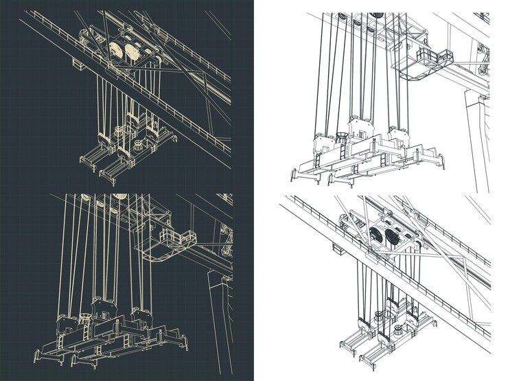 Vector port crane container spreader closeup drawings