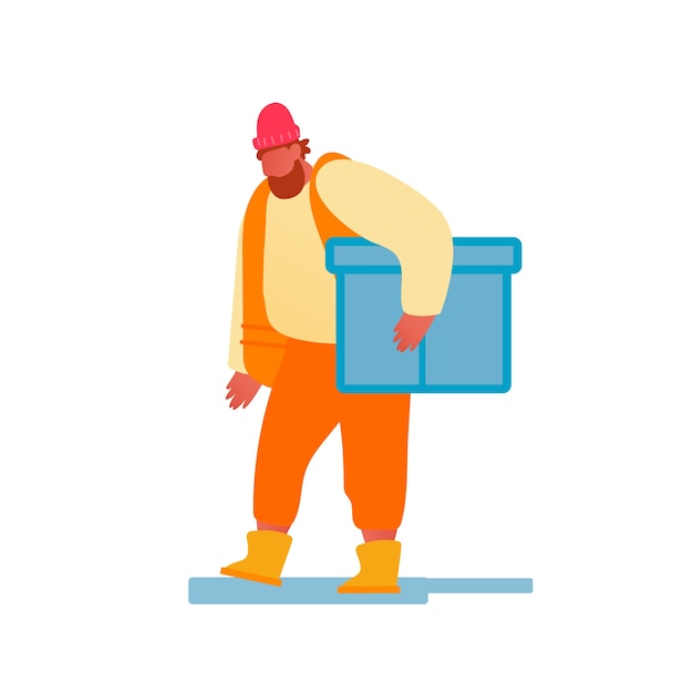 Vector port harbor worker in orange vest carry big box