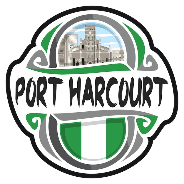 Port Harcourt Nigeria Vlag Reizen Souvenir Sticker Skyline Landmark Logo Badge Stempel Zegel Embleem EPS