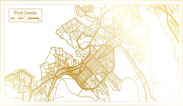 黄金色のアウトライン マップでレトロなスタイルのポートルイス モーリシャス市内地図