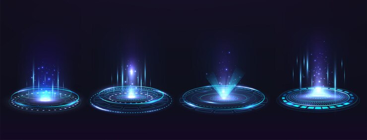 Vector portaal met hologramelementen. futuristische high-tech cirkel virtual reality-projector. set podia met blauwe lichtstralen en vonken.