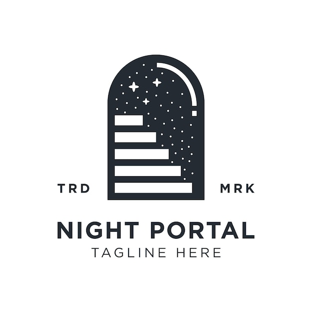 Portaaldeur met trap en sterren in de nachtelijke hemel logo ontwerp sjabloon vectorillustratie