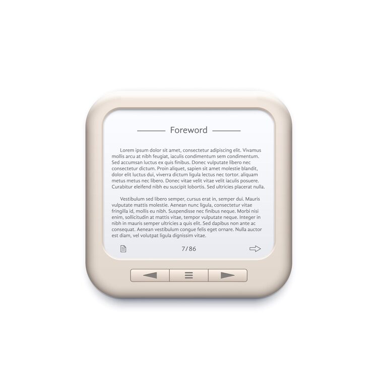 Vector portable electronic book reader, mobile device icon. e-reader, mobile phone or computer reading application 3d vector icon, gui pictogram with text on electronic paper, ink display with buttons