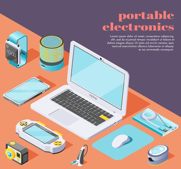 Vector portable electronics isometric illustration with  computer mouse flash drive laptop smartphone power bank fitness bracelet oximeter action camera
