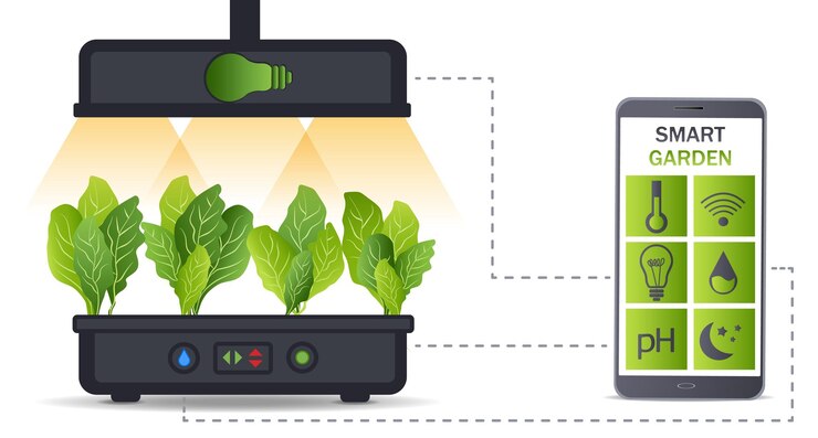 Vector portable hydroponic aeroponic system for ecofriendly growing of green lettuce vegetables and herbs with automatic smart watering system and lighting remote control from smartphone organic garden