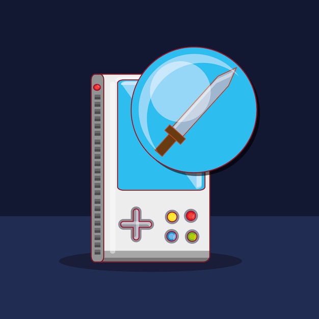 portable video game and sword icon over blue background