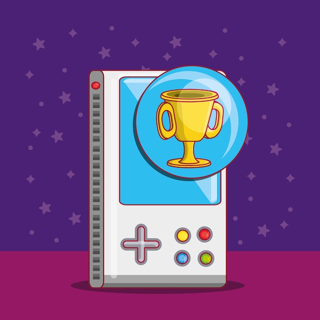 portable video game with trophy cup icon over purple background