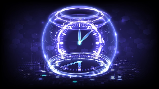 Portale e macchina del tempo dell'ologramma hitech digitale di fantascienza nel proiettore hud luminoso cancello magico nella fantasia del gioco podio del teletrasporto circolare gui e interfaccia utente realtà virtuale sfondo dell'orologio futuristico