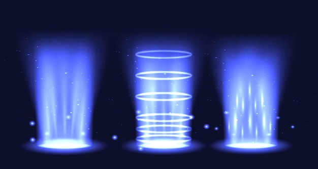 Vector portal set light effect hologram. magic circle teleport podium. ufo swirl beam and ray energy funnel.