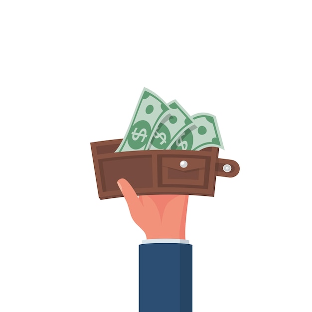 Portemonnee in de hand van de man Geopende portemonnee Geld uit de portemonnee