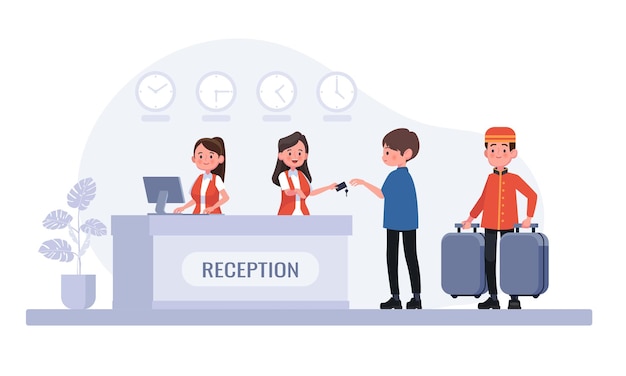 Vettore il personaggio dell'uomo del facchino trasporta le borse degli ospiti concetto di reception dell'hotel design grafico piatto vettoriale icona illustrazione isolata