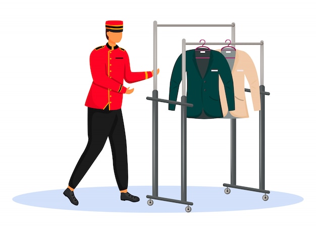 Porter nell'illustrazione di colore rosso uniforme. fattorino che trasporta il carrello con i vestiti. personale dell'hotel con attrezzatura, addetto ai servizi. personaggio dei cartoni animati di bellhop su priorità bassa bianca