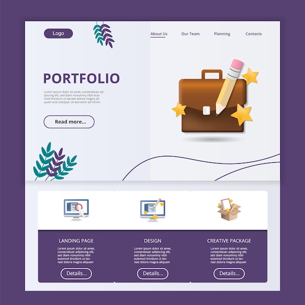 Vector portfolio platte bestemmingspagina website sjabloon bestemmingspagina ontwerp creatief pakket webbanner met