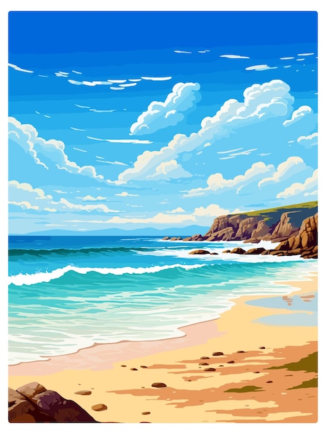 Vector porthcurno beach cornwall vintage travel poster souvenir postcard portrait painting wpa illustration