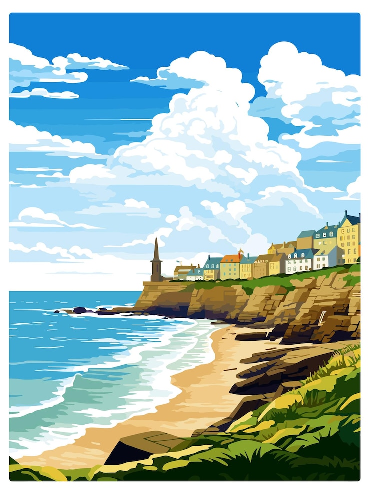 Vector porthleven cornwall vintage travel poster souvenir postcard portrait painting wpa illustration